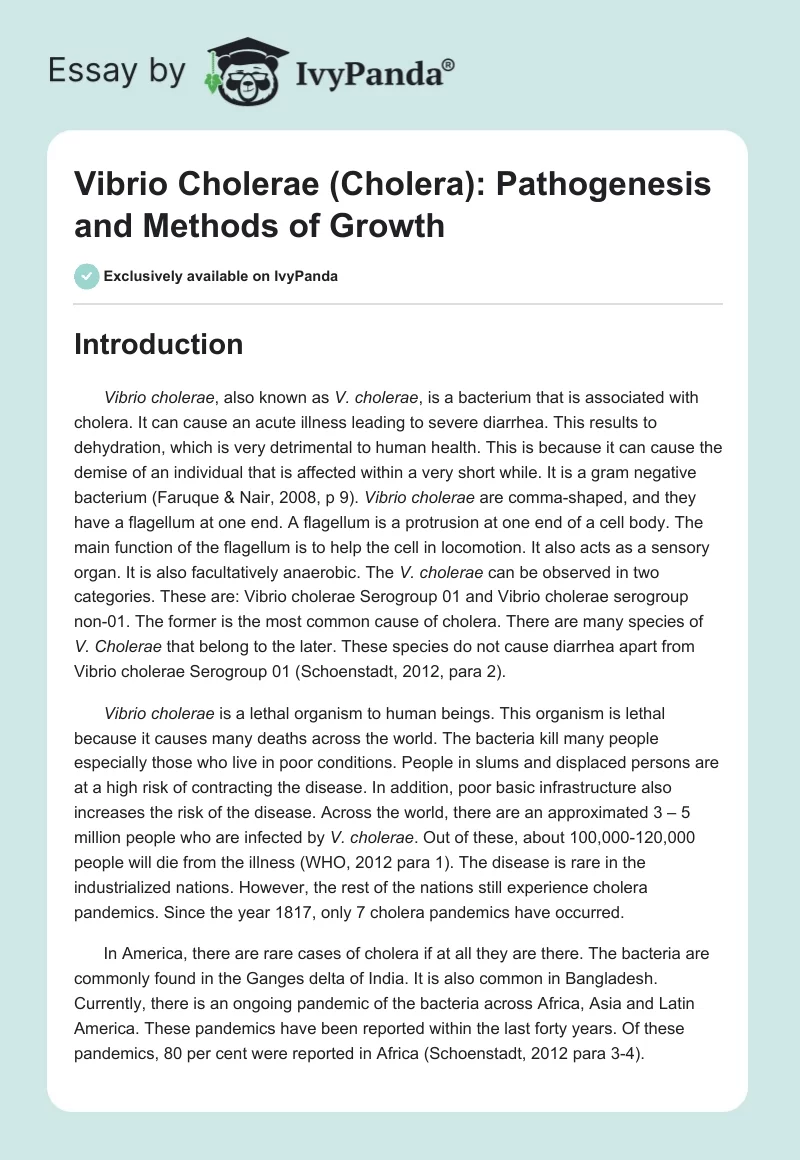 Vibrio Cholerae (Cholera): Pathogenesis and Methods of Growth. Page 1