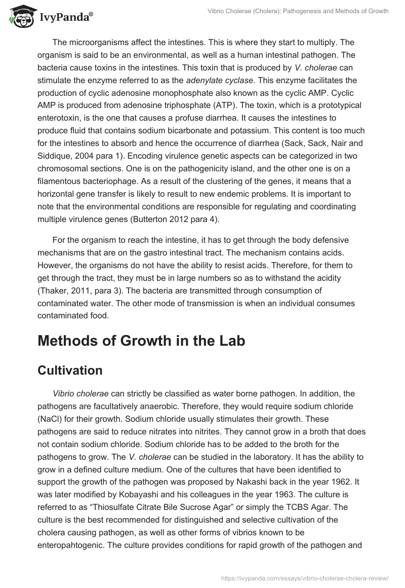 Vibrio Cholerae (Cholera): Pathogenesis and Methods of Growth. Page 3