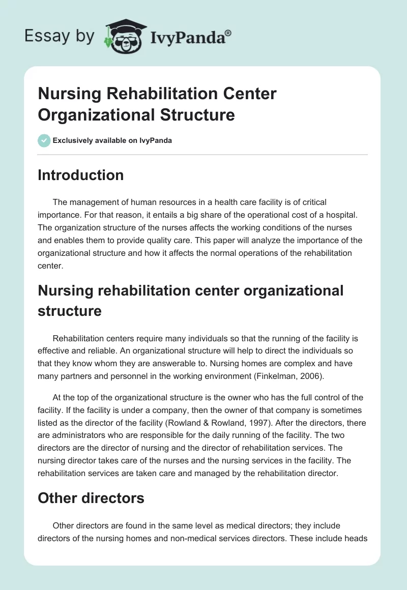 Nursing Rehabilitation Center Organizational Structure. Page 1