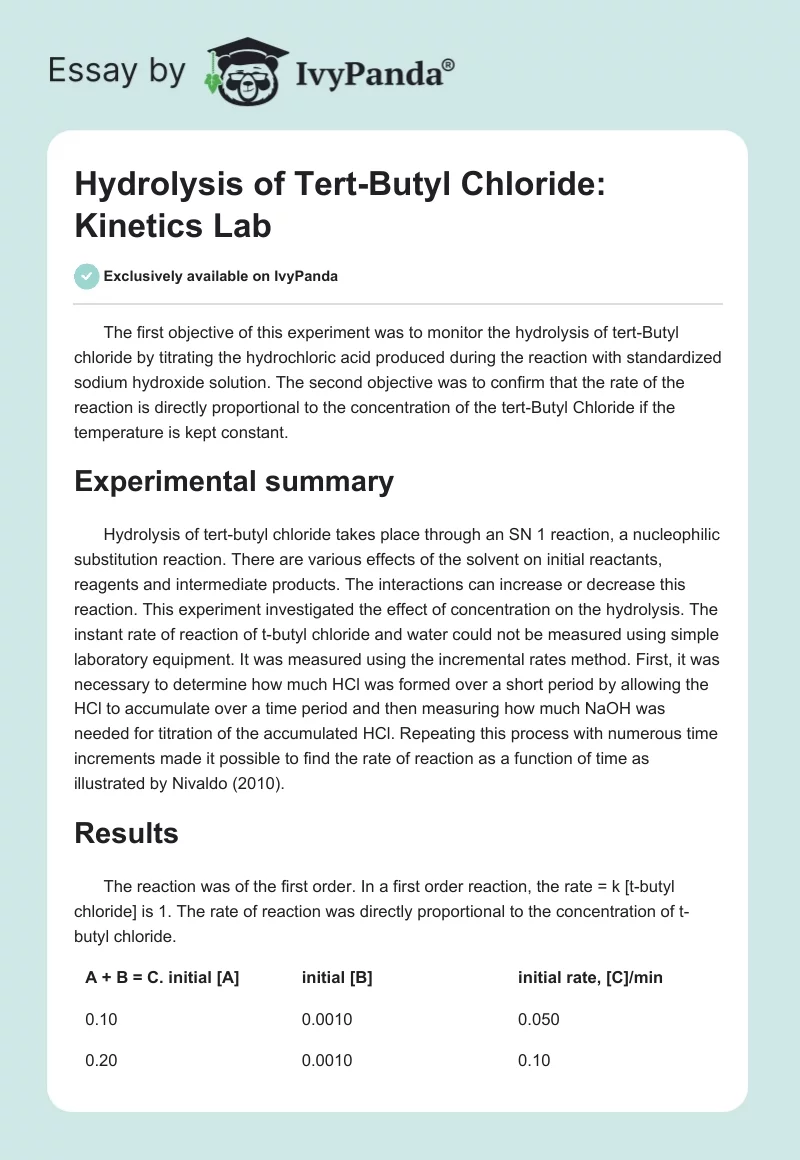 Hydrolysis of Tert-Butyl Chloride: Kinetics Lab. Page 1