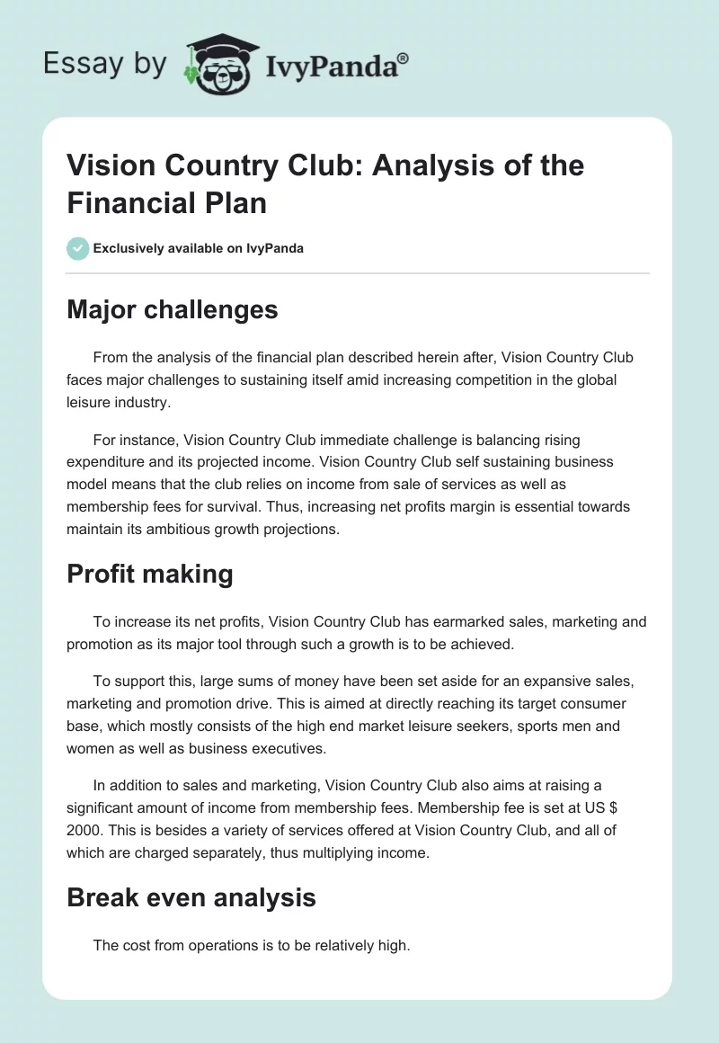 Vision Country Club: Analysis of the Financial Plan. Page 1