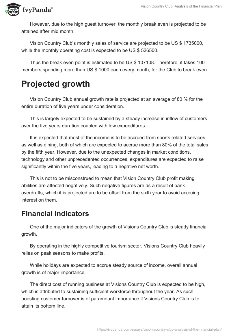 Vision Country Club: Analysis of the Financial Plan. Page 2