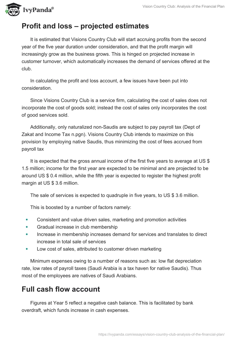 Vision Country Club: Analysis of the Financial Plan. Page 3