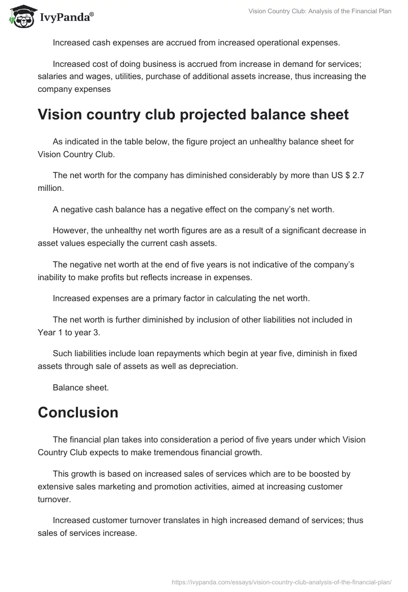 Vision Country Club: Analysis of the Financial Plan. Page 4