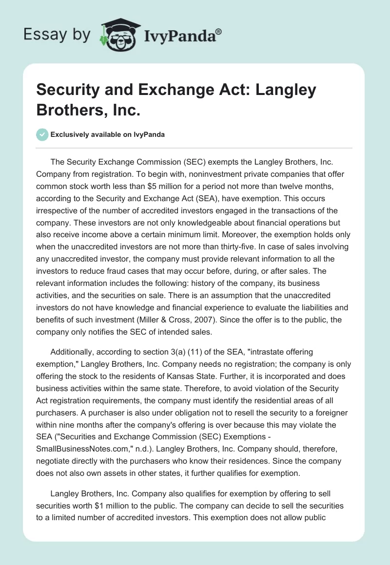 Security and Exchange Act: Langley Brothers, Inc.. Page 1