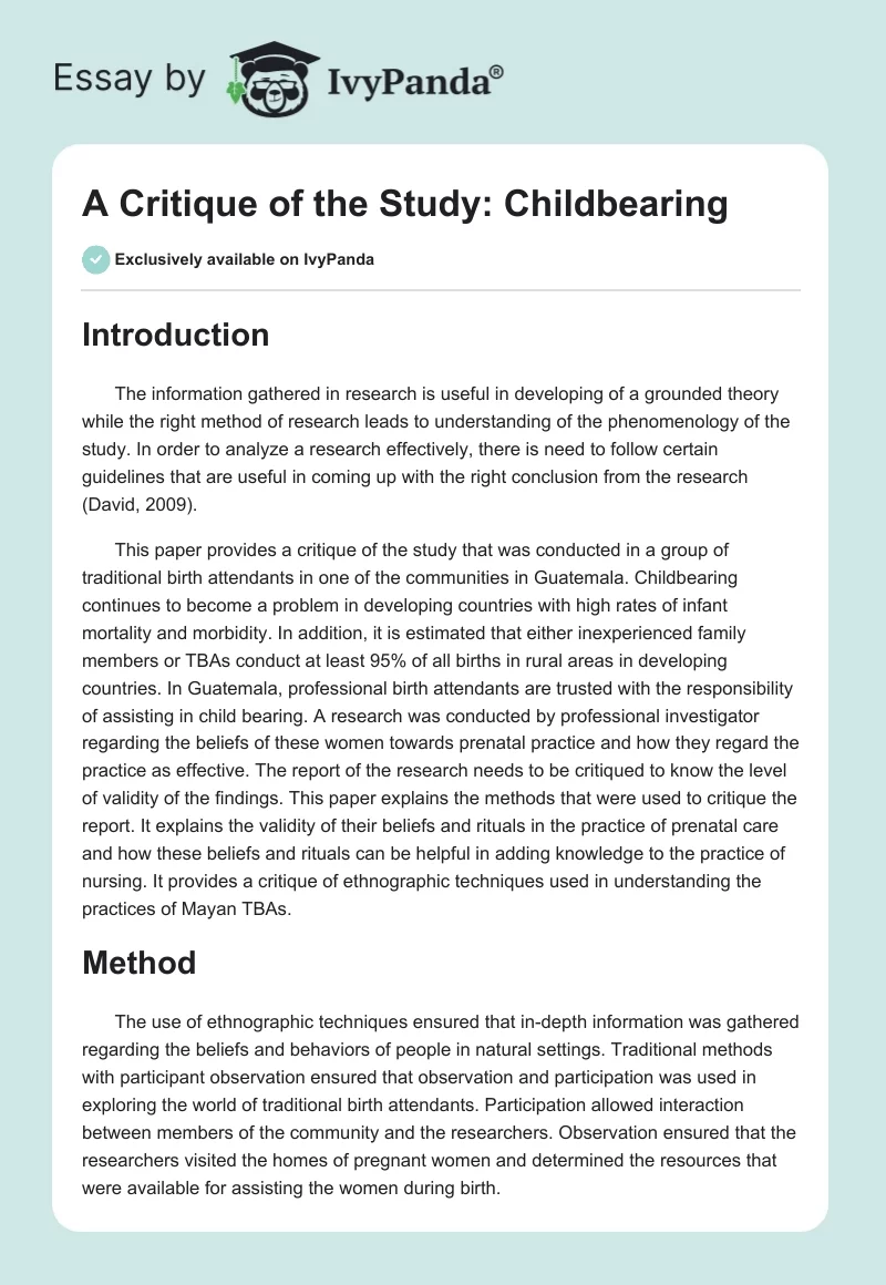 A Critique of the Study: Childbearing. Page 1