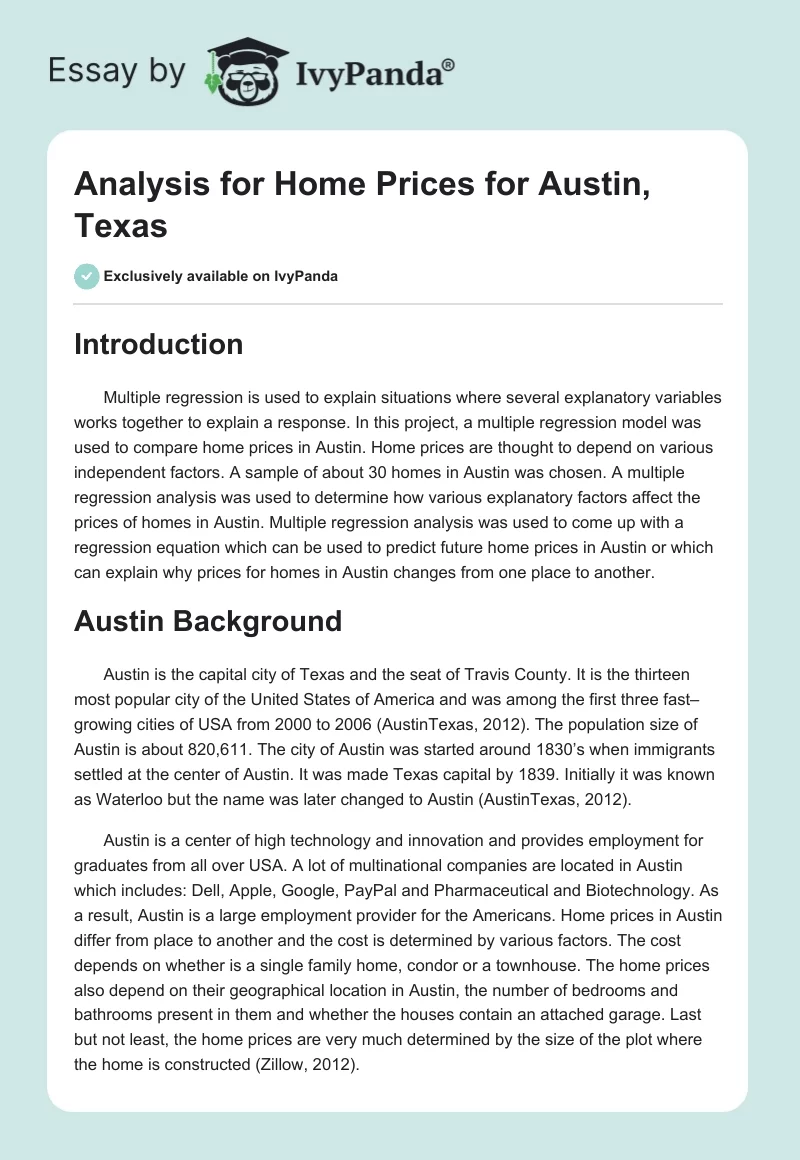 Analysis for Home Prices for Austin, Texas. Page 1