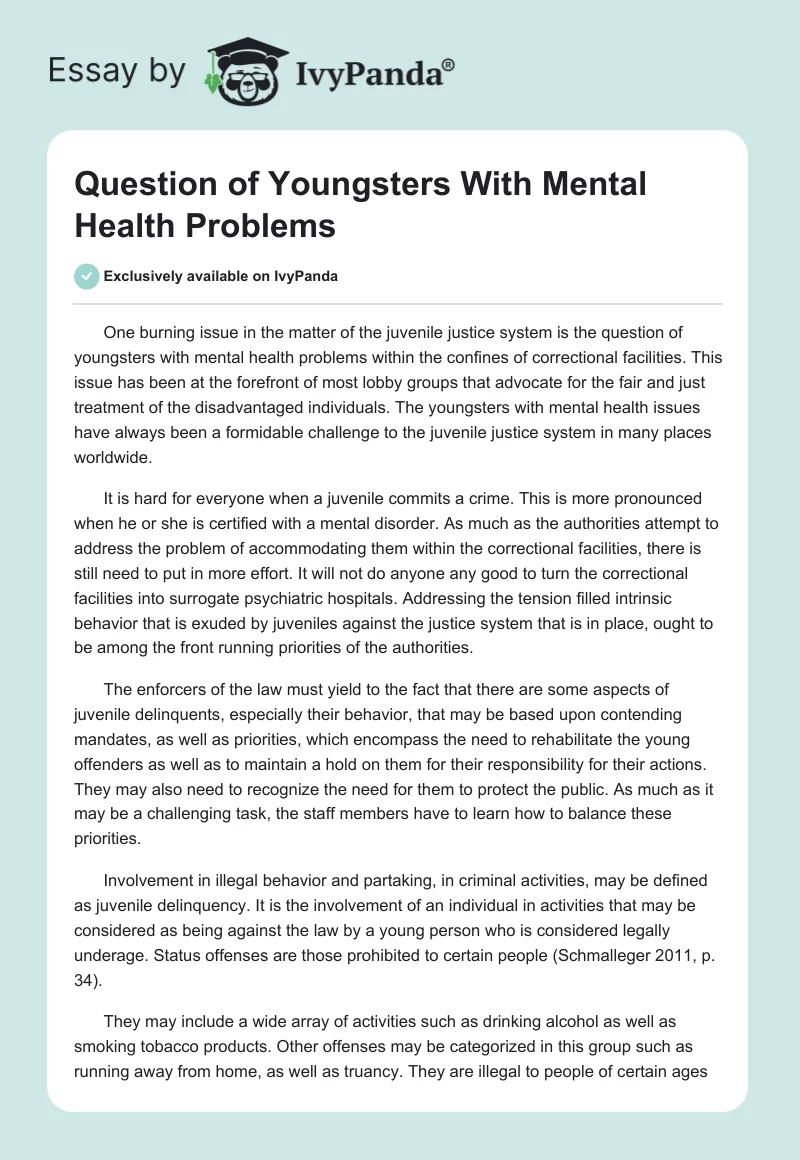 Question of Youngsters With Mental Health Problems. Page 1