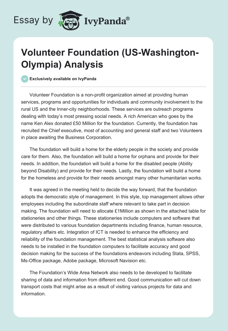 Volunteer Foundation (US-Washington-Olympia) Analysis. Page 1