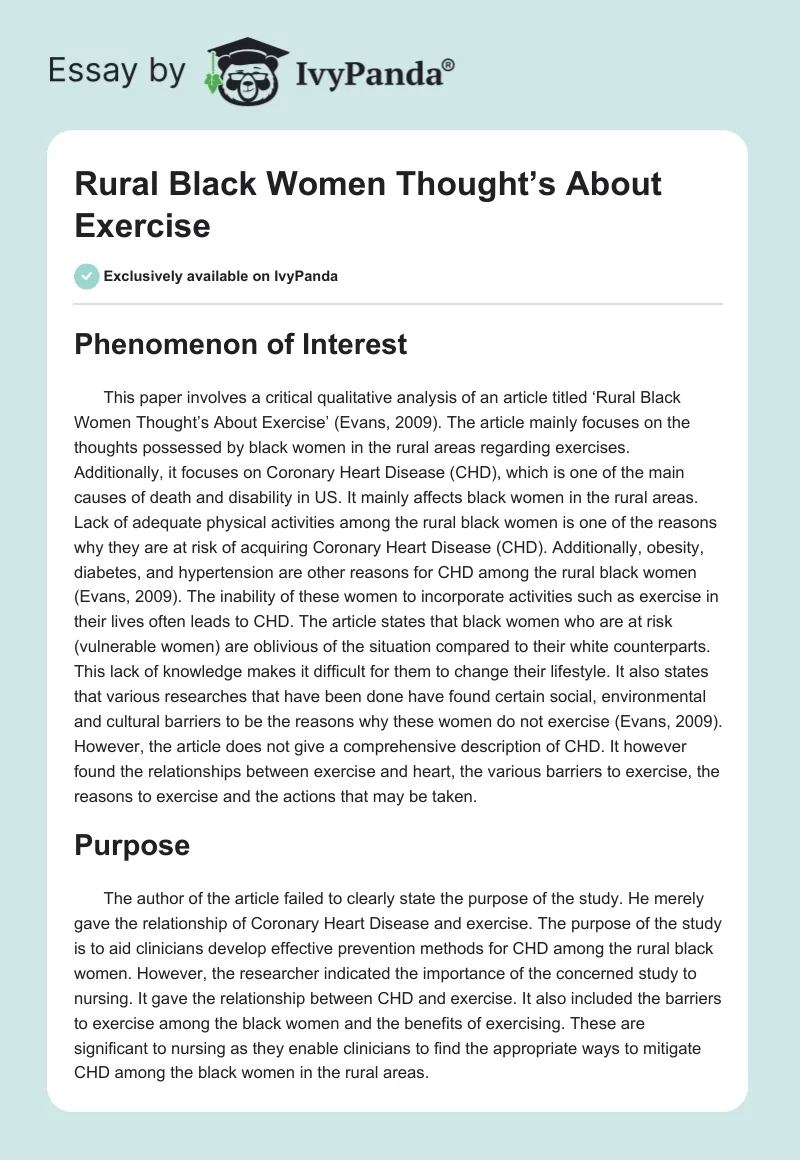 Rural Black Women Thought’s About Exercise. Page 1