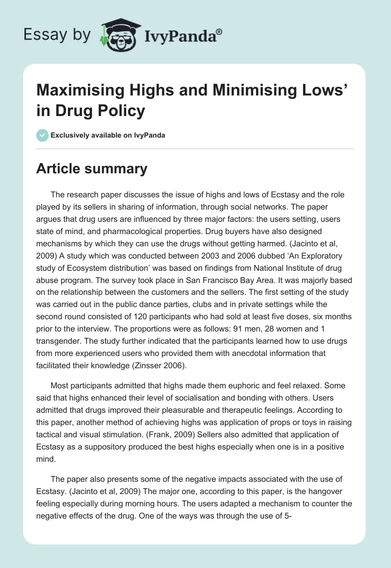 Maximising Highs and Minimising Lows’ in Drug Policy. Page 1