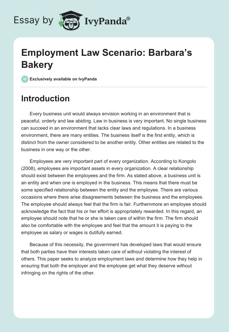 Employment Law Scenario: Barbara’s Bakery. Page 1