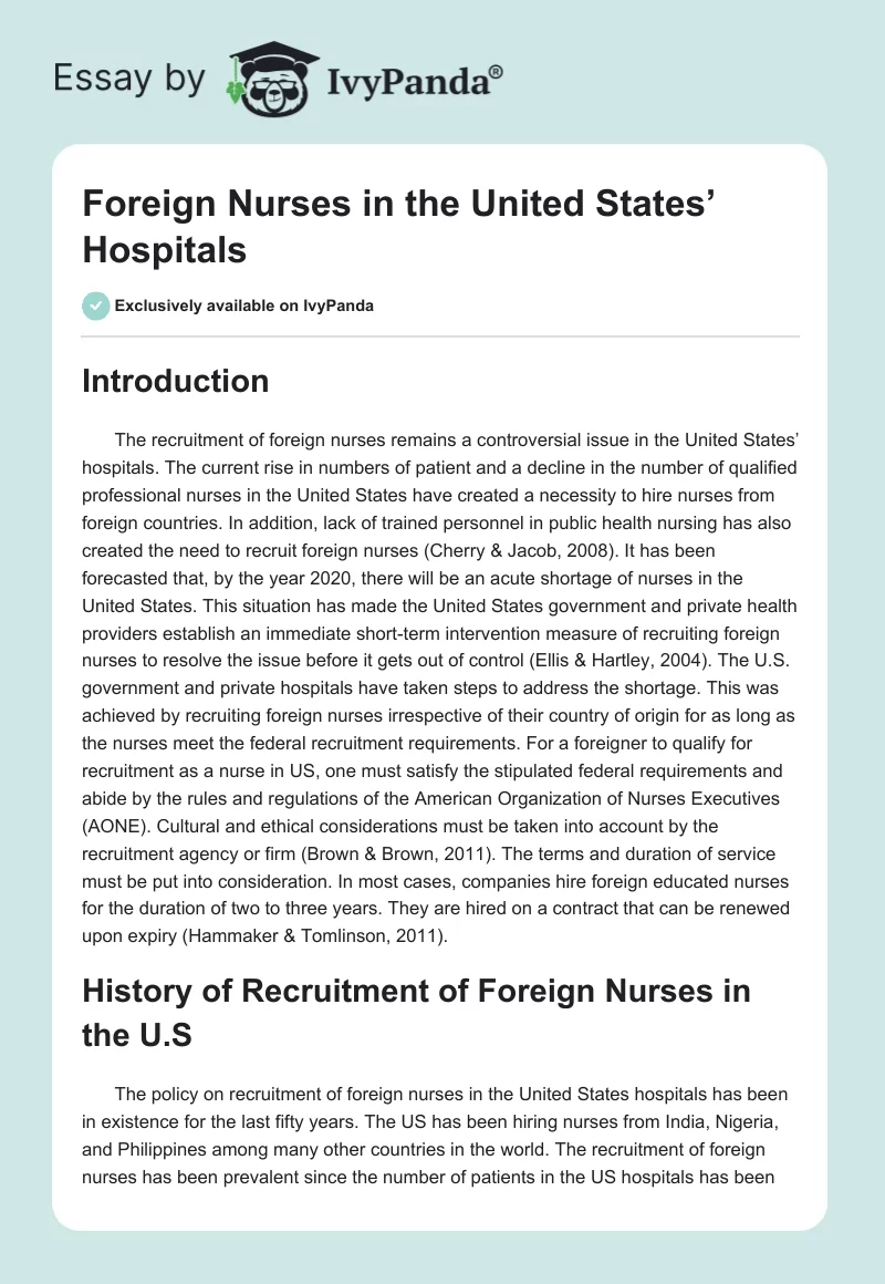 Foreign Nurses in the United States’ Hospitals. Page 1
