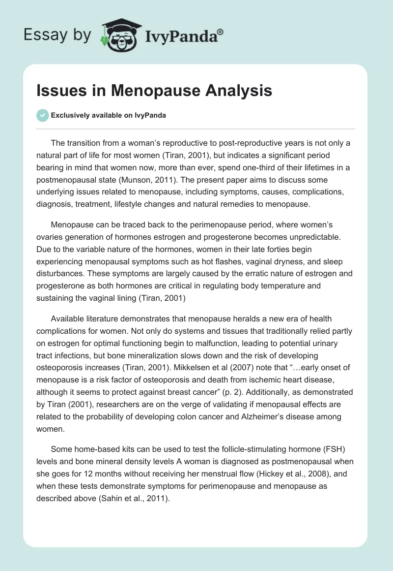 Issues in Menopause Analysis. Page 1