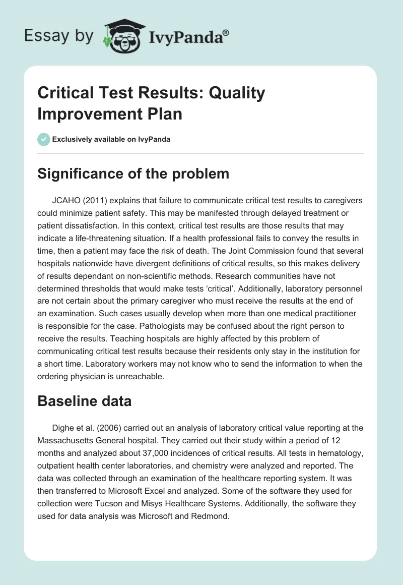 Critical Test Results: Quality Improvement Plan. Page 1