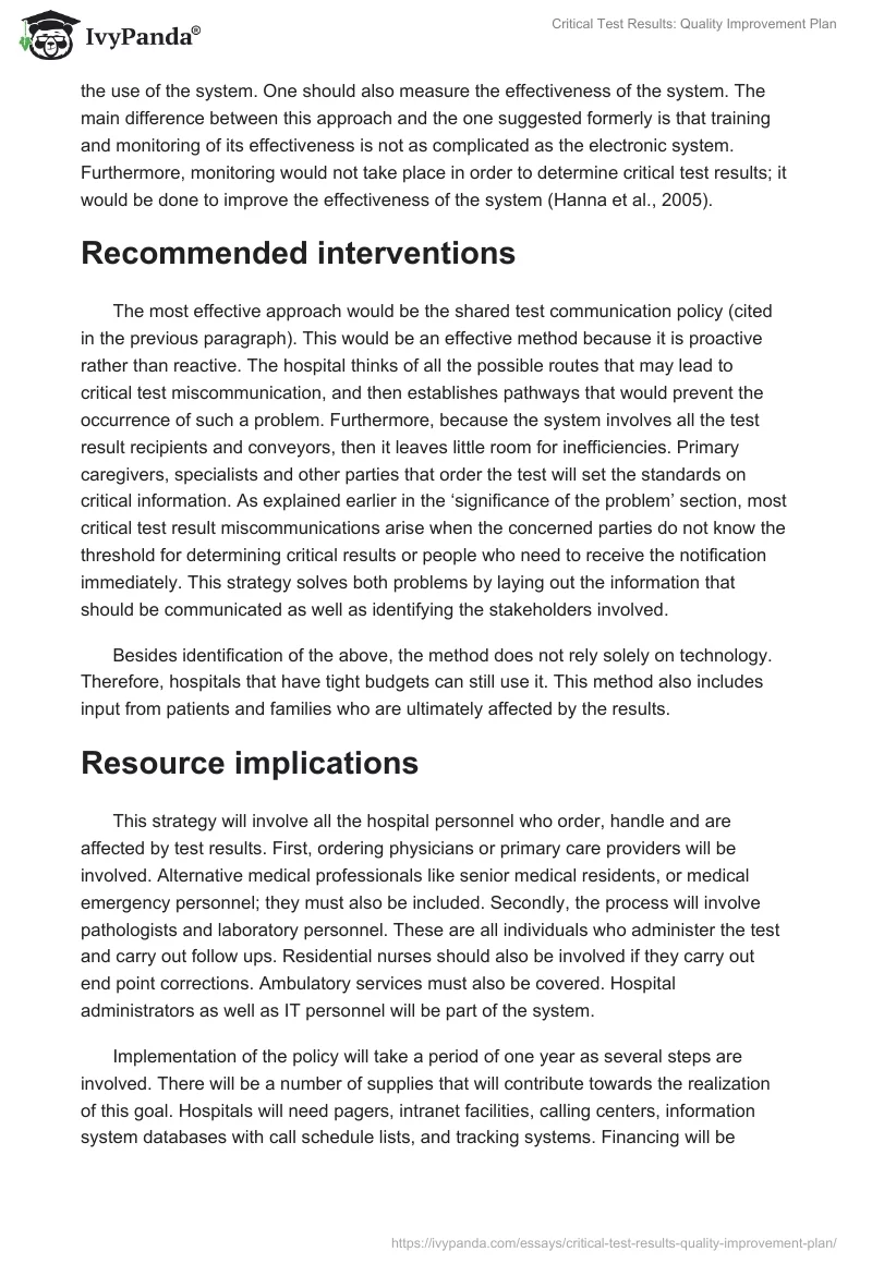 Critical Test Results: Quality Improvement Plan. Page 3