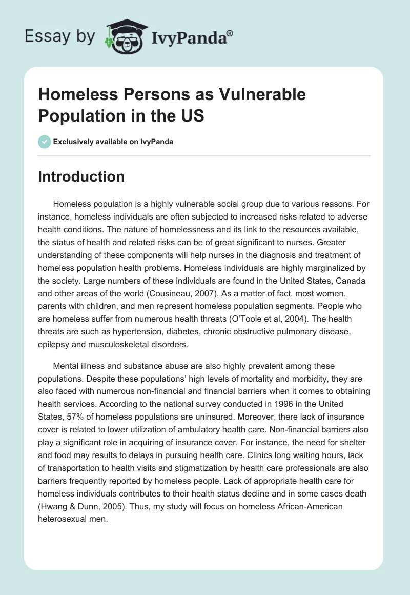 Homeless Persons as Vulnerable Population in the US. Page 1
