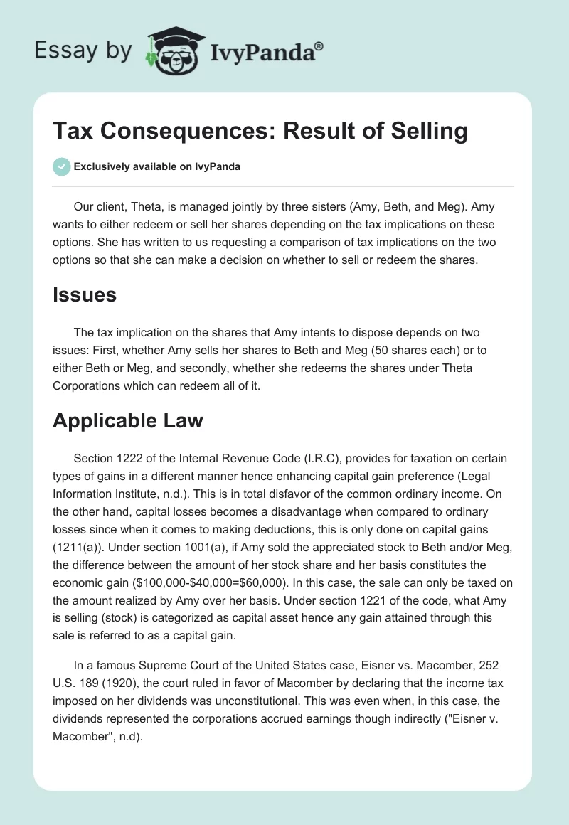 Tax Consequences: Result of Selling. Page 1