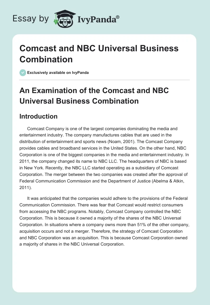 Comcast and NBC Universal Business Combination. Page 1