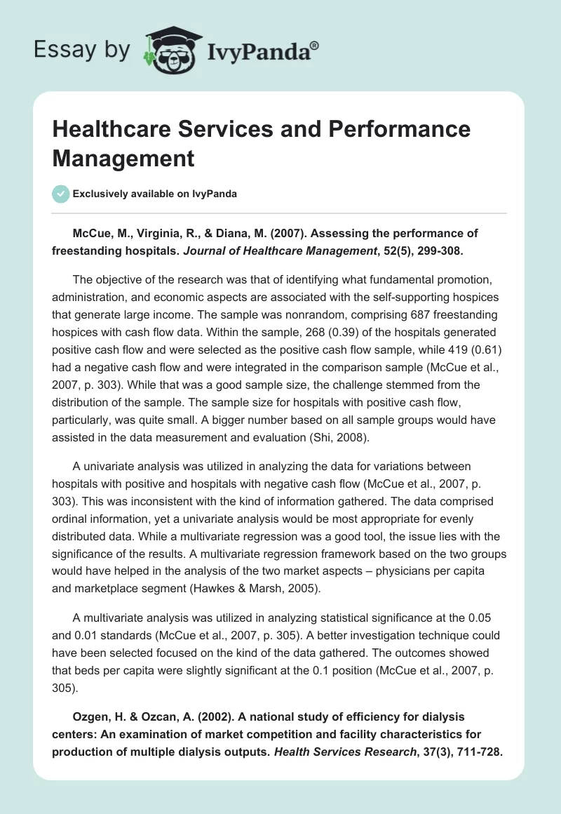 Healthcare Services and Performance Management. Page 1