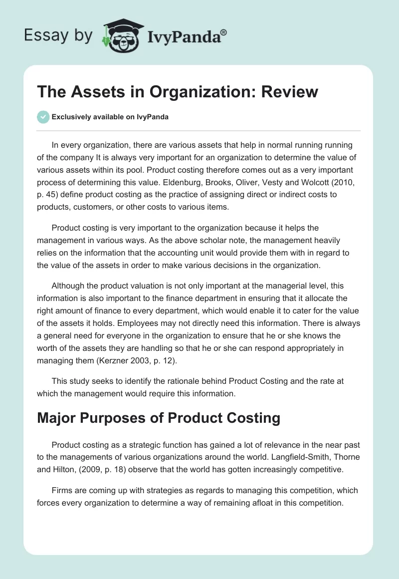 The Assets in Organization: Review. Page 1