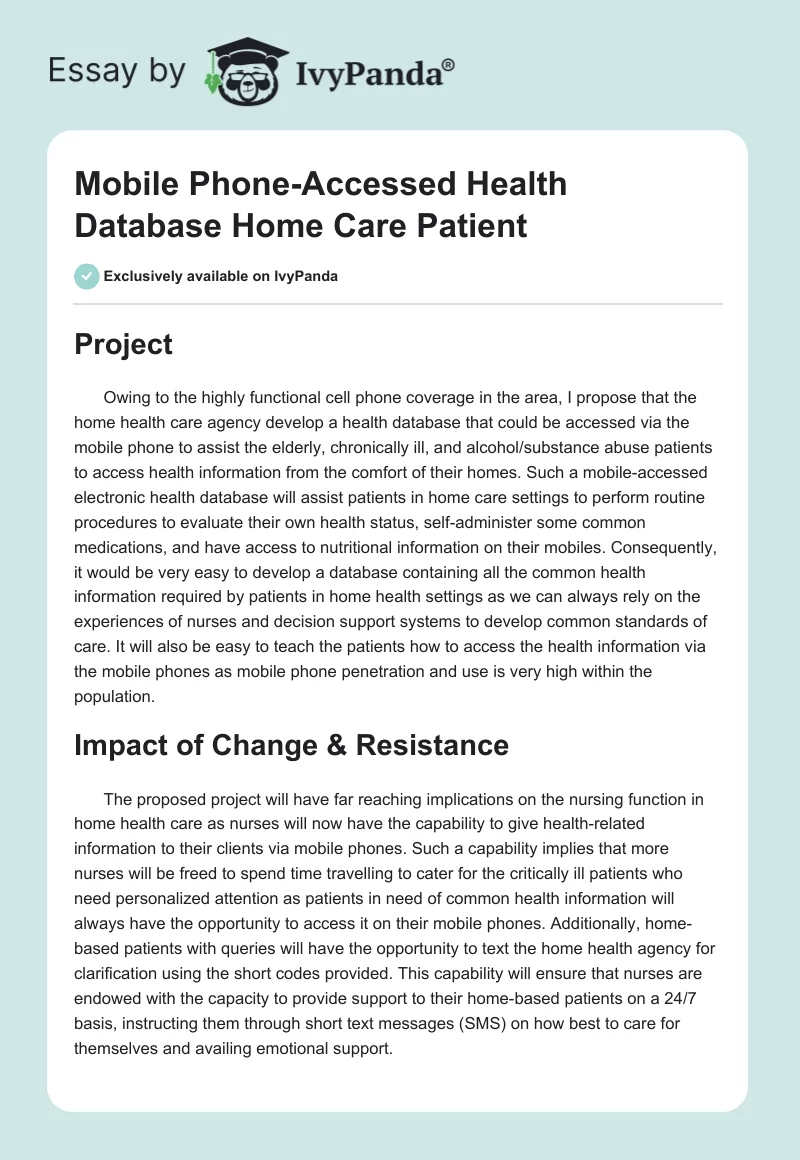 Mobile Phone-Accessed Health Database Home Care Patient. Page 1