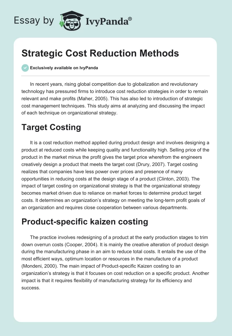 Strategic Cost Reduction Methods. Page 1