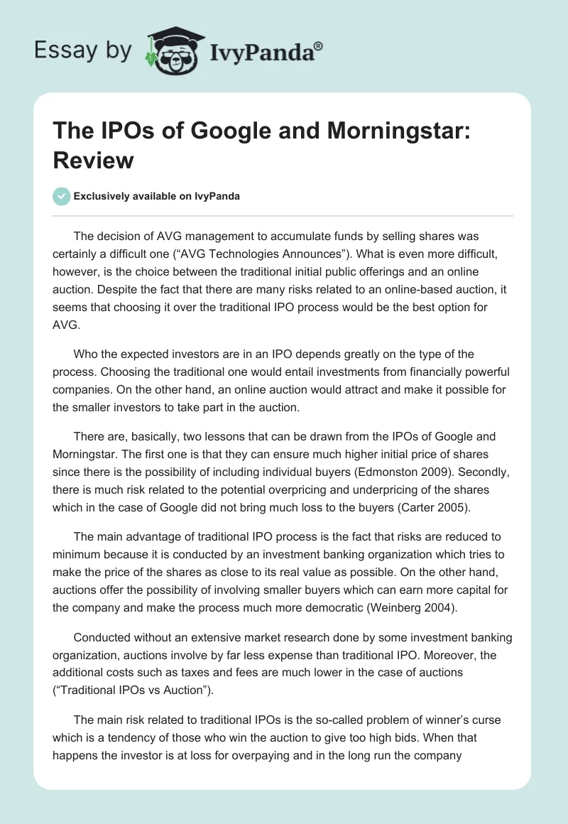 The IPOs of Google and Morningstar: Review. Page 1