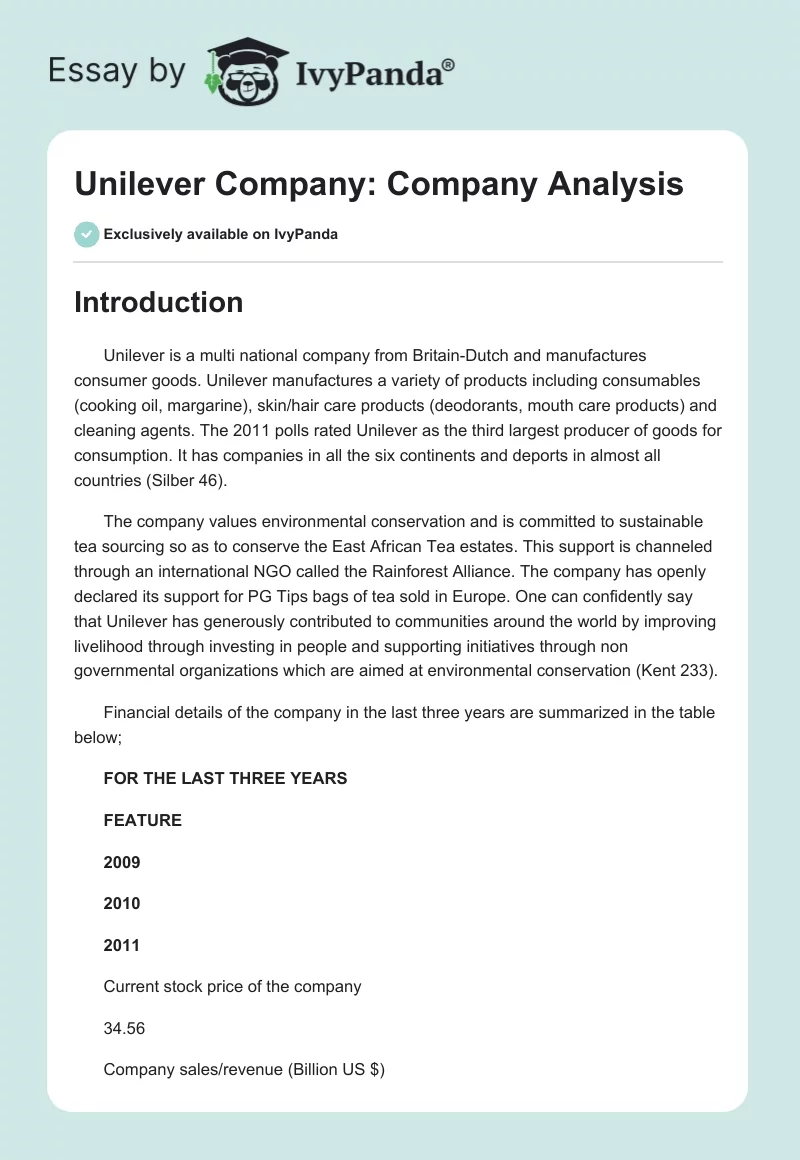 Unilever Company: Company Analysis. Page 1