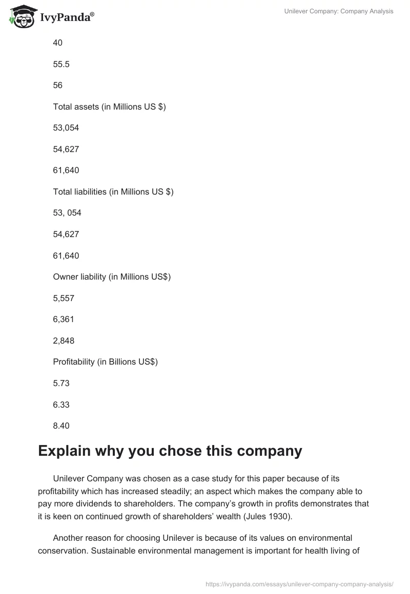 Unilever Company: Company Analysis. Page 2