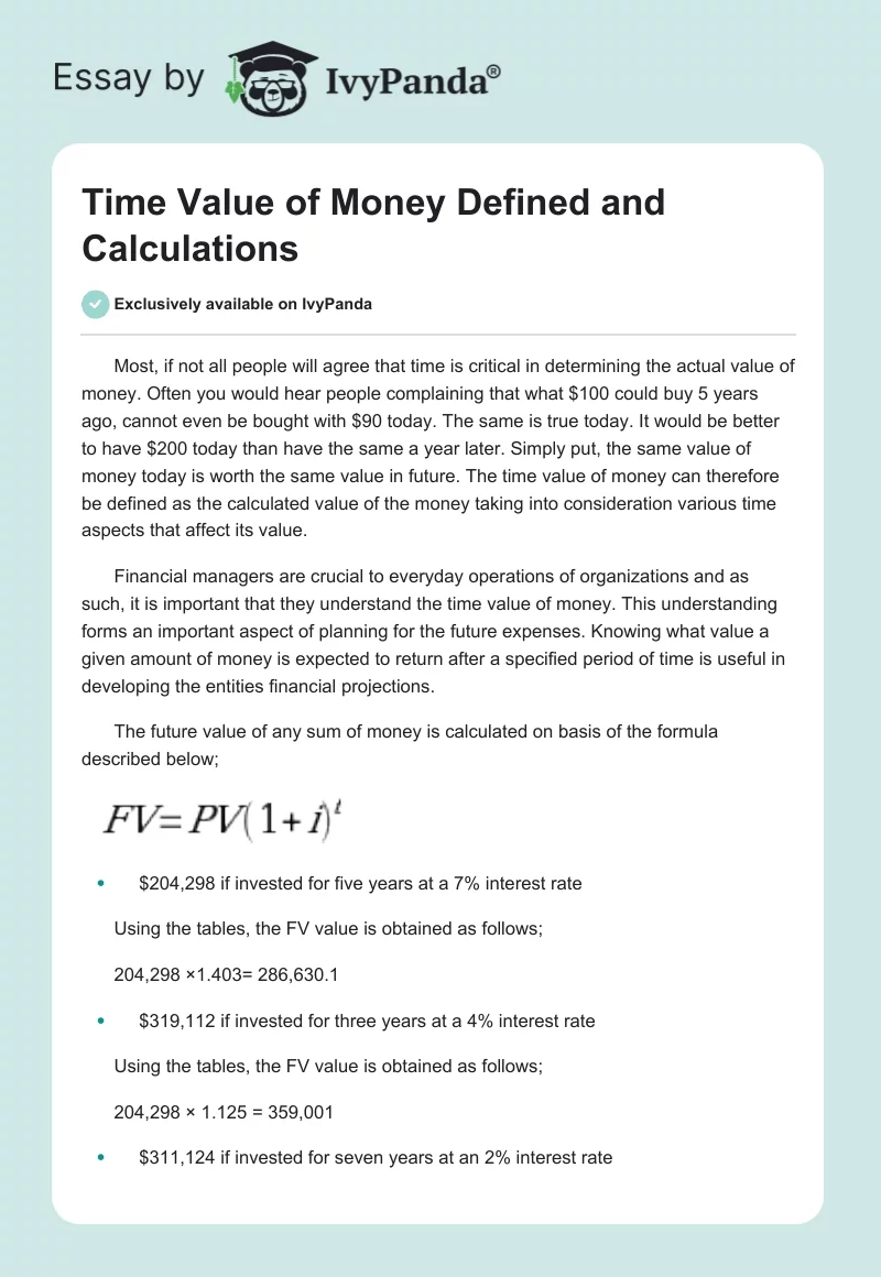Time Value of Money Defined and Calculations. Page 1