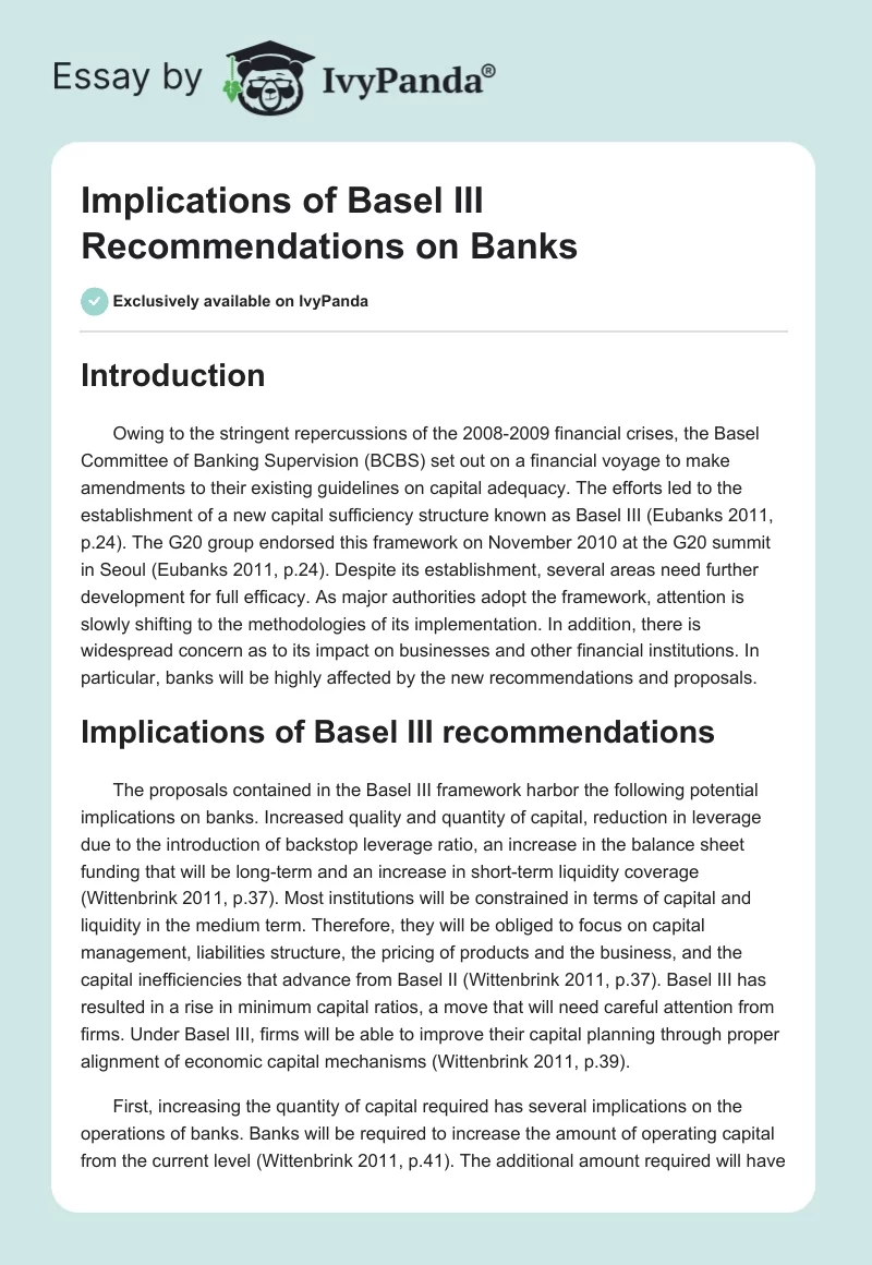 Implications of Basel III Recommendations on Banks. Page 1