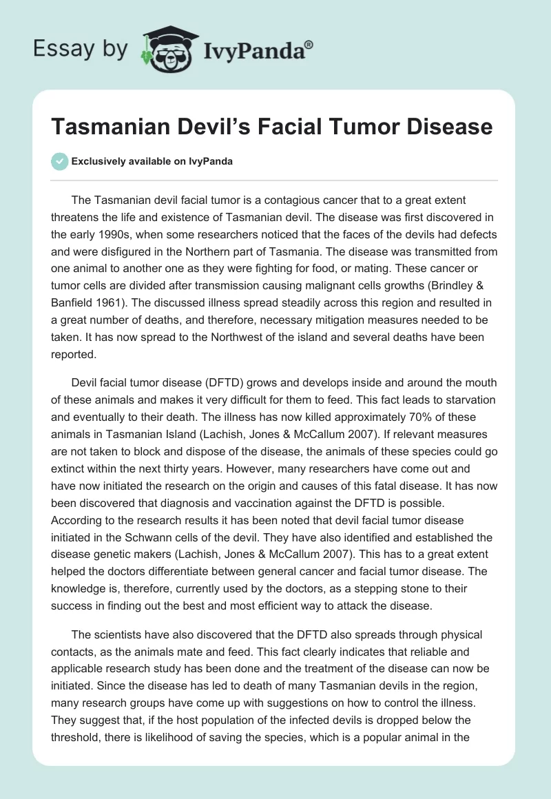 Tasmanian Devil’s Facial Tumor Disease. Page 1