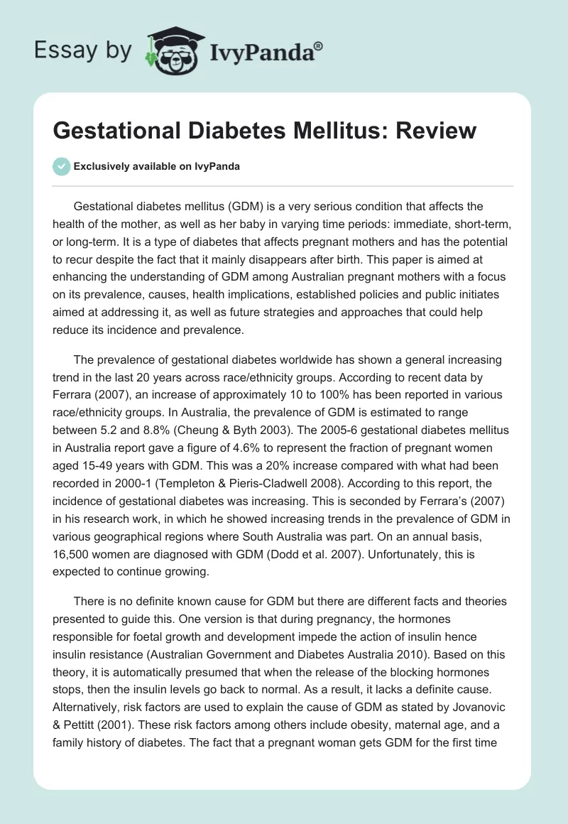 Gestational Diabetes Mellitus: Review. Page 1