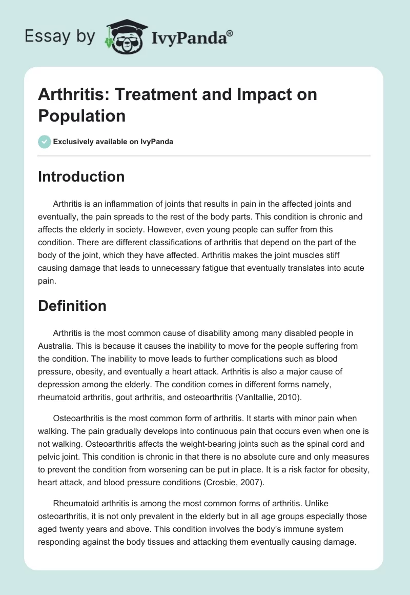 Arthritis: Treatment and Impact on Population. Page 1