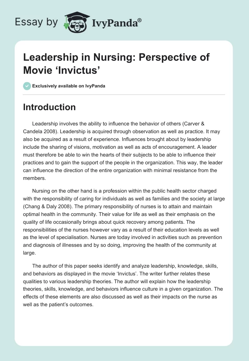 Leadership in Nursing: Perspective of Movie ‘Invictus’. Page 1