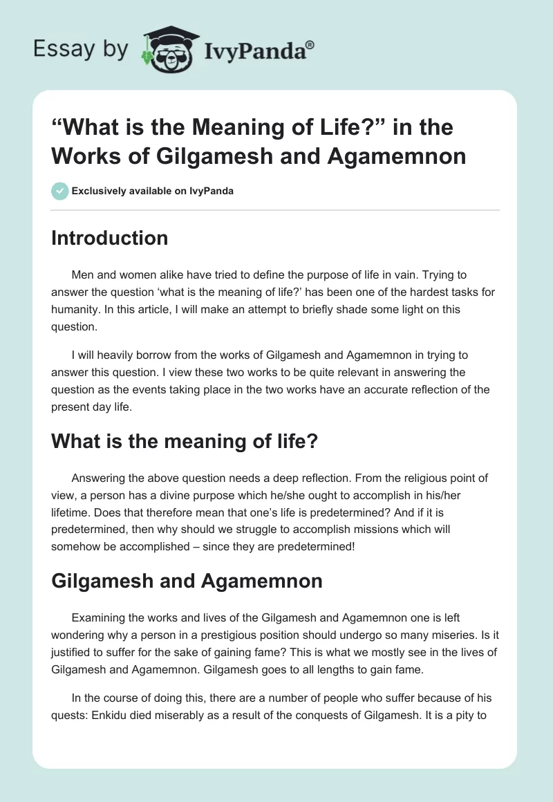“What Is the Meaning of Life?” in the Works of Gilgamesh and Agamemnon. Page 1