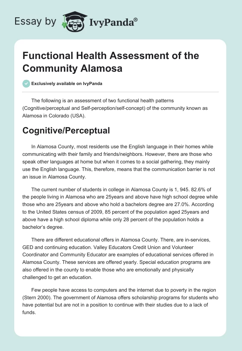 Functional Health Assessment of the Community Alamosa. Page 1