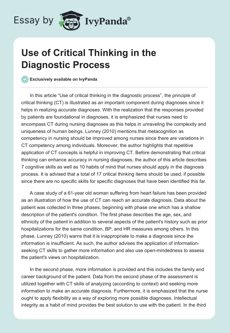 Use of Critical Thinking in the Diagnostic Process. Page 1