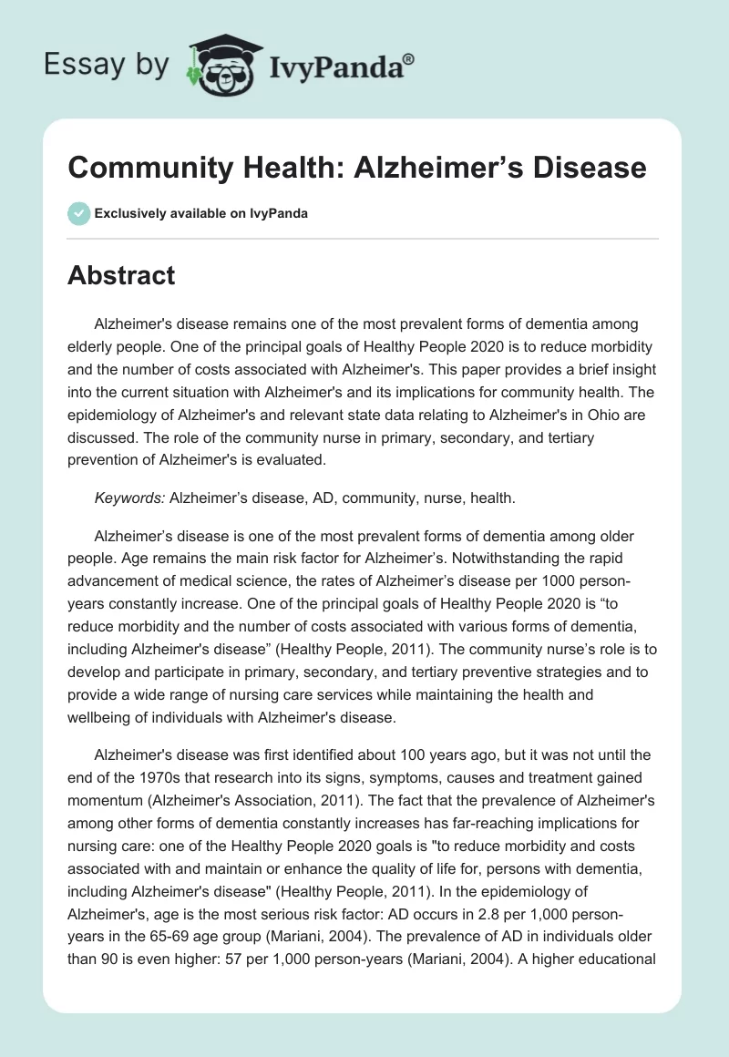Community Health: Alzheimer’s Disease. Page 1