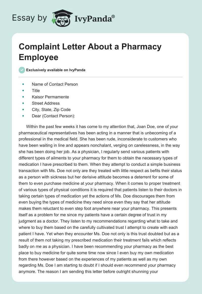 Complaint Letter About a Pharmacy Employee. Page 1