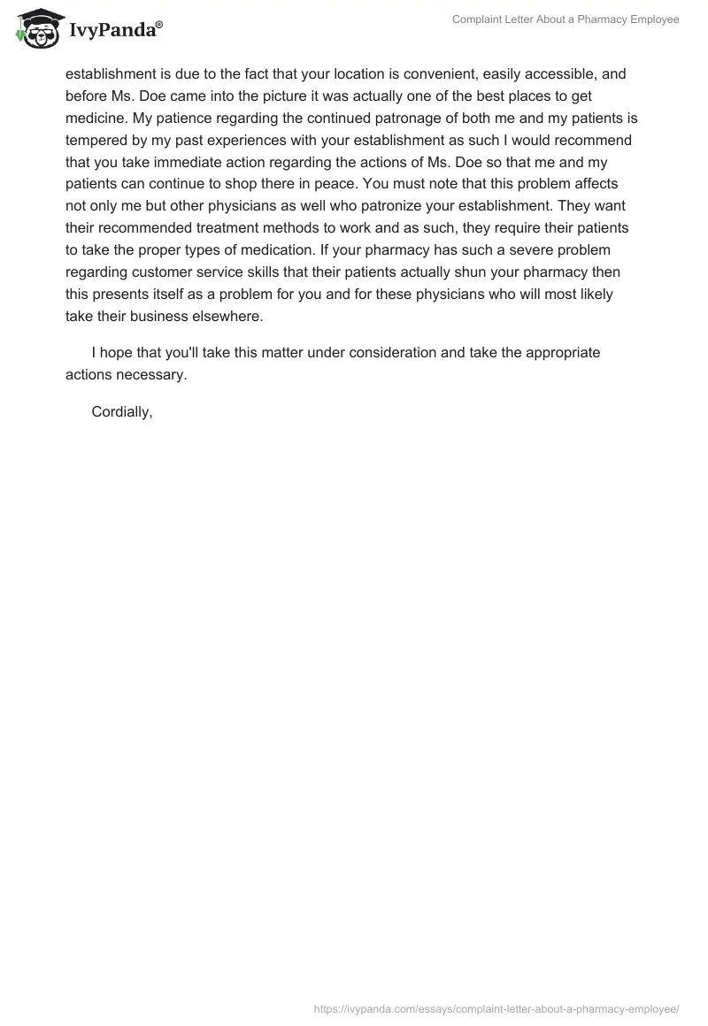 Complaint Letter About a Pharmacy Employee. Page 2