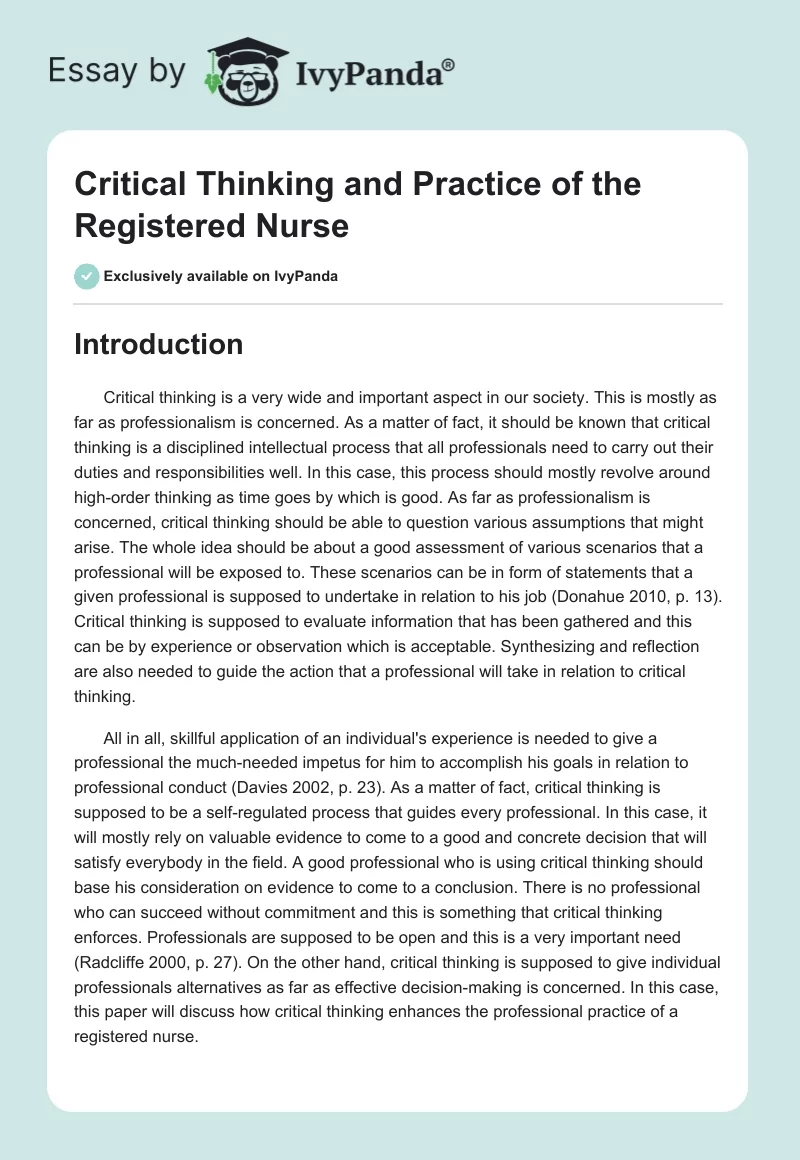 Critical Thinking and Practice of the Registered Nurse. Page 1