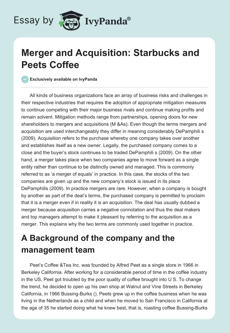 Merger and Acquisition: Starbucks and Peets Coffee. Page 1