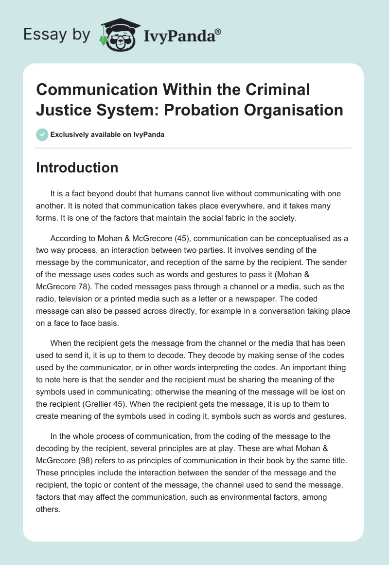 Communication Within the Criminal Justice System: Probation Organisation. Page 1