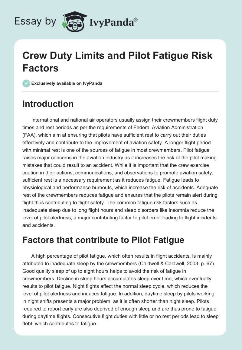 Crew Duty Limits and Pilot Fatigue Risk Factors. Page 1