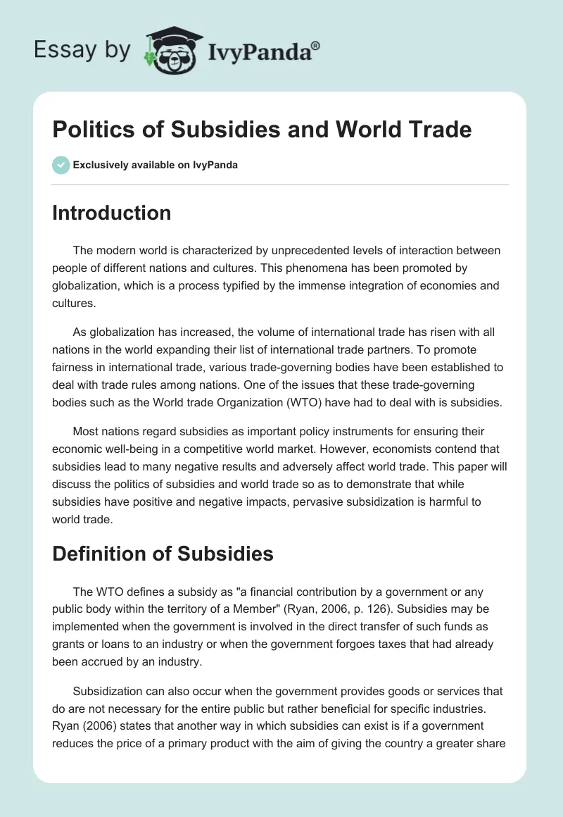 Politics of Subsidies and World Trade. Page 1