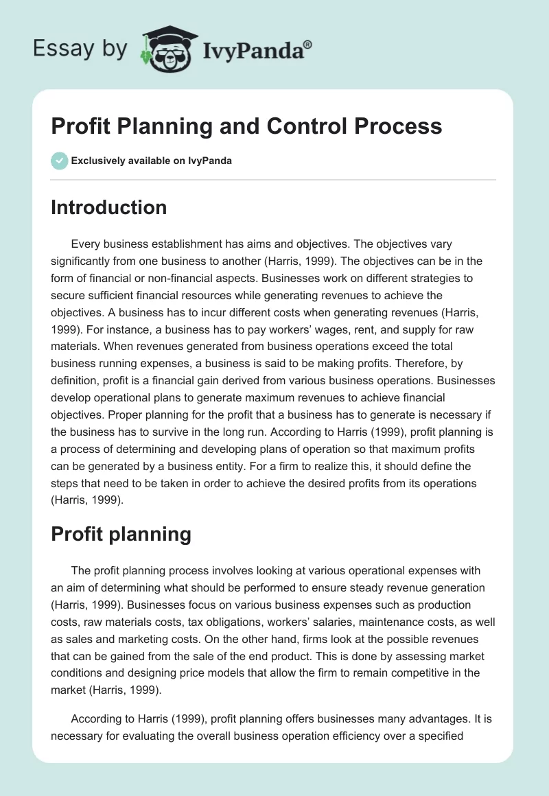 Profit Planning and Control Process. Page 1