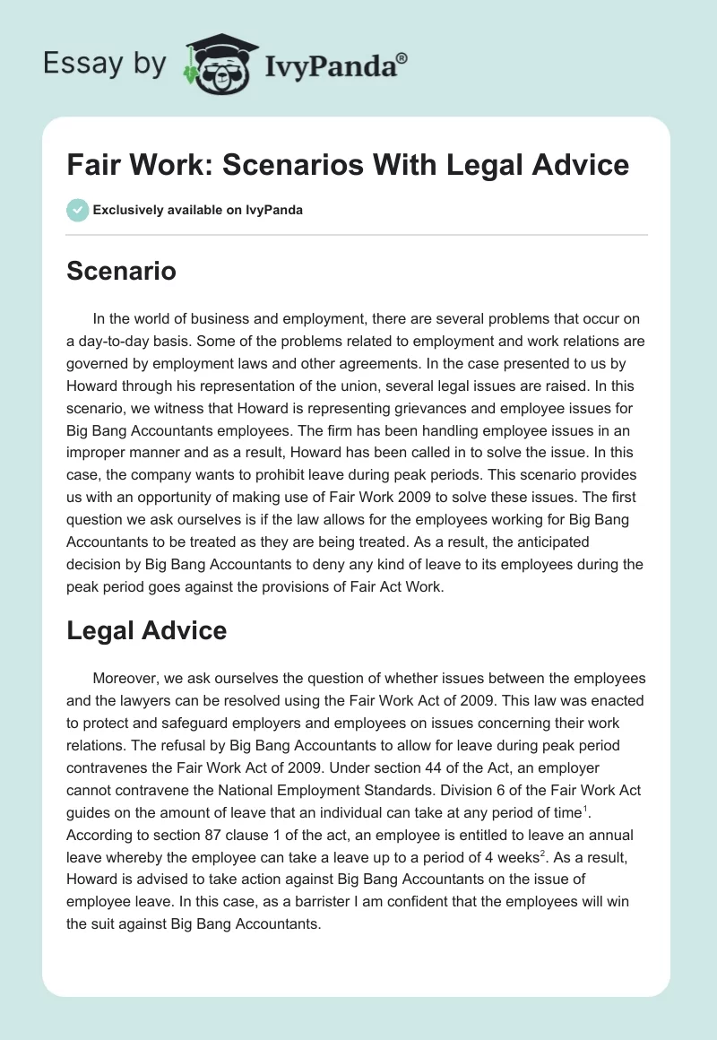 Fair Work: Scenarios With Legal Advice. Page 1