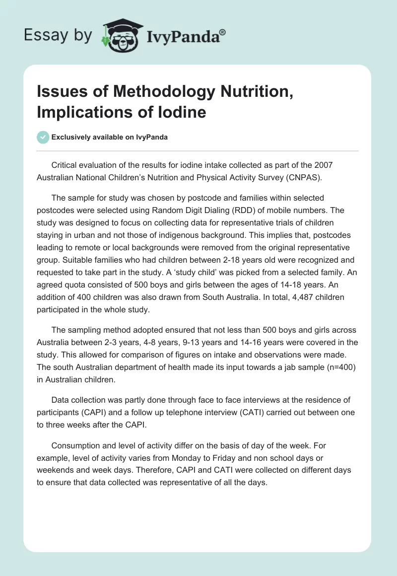 Issues of Methodology Nutrition, Implications of Iodine. Page 1